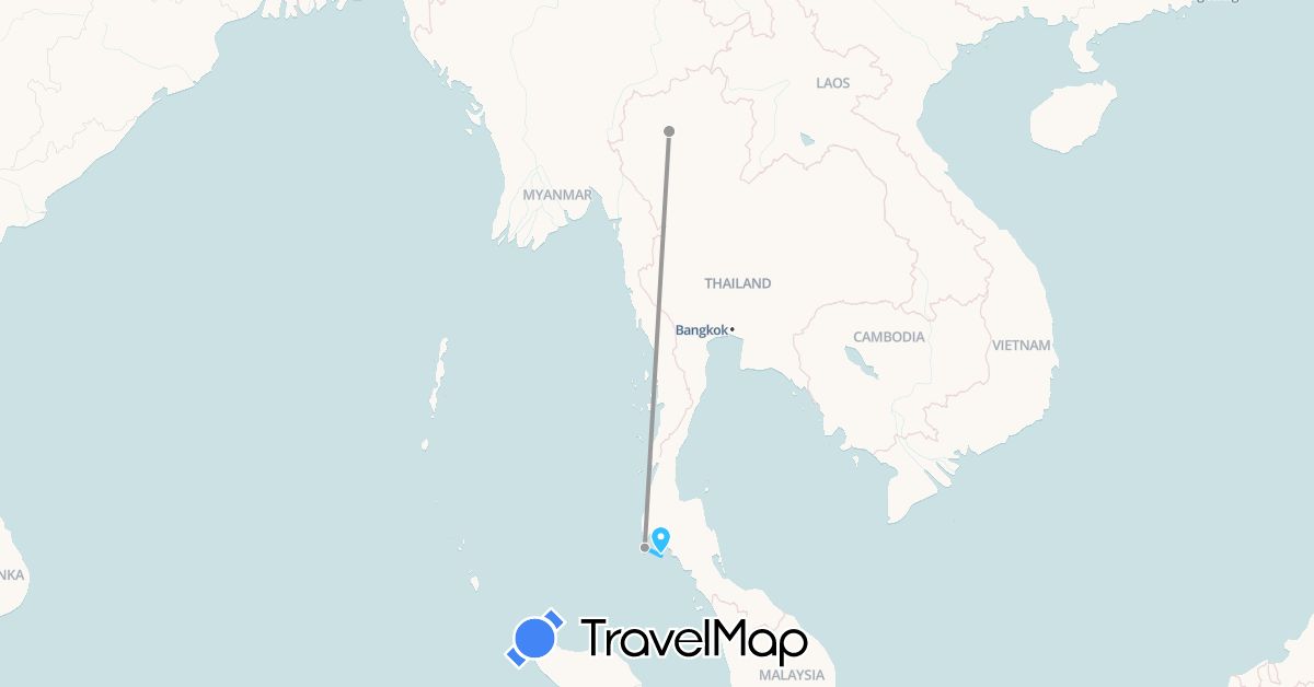 TravelMap itinerary: plane, train, boat in Thailand (Asia)
